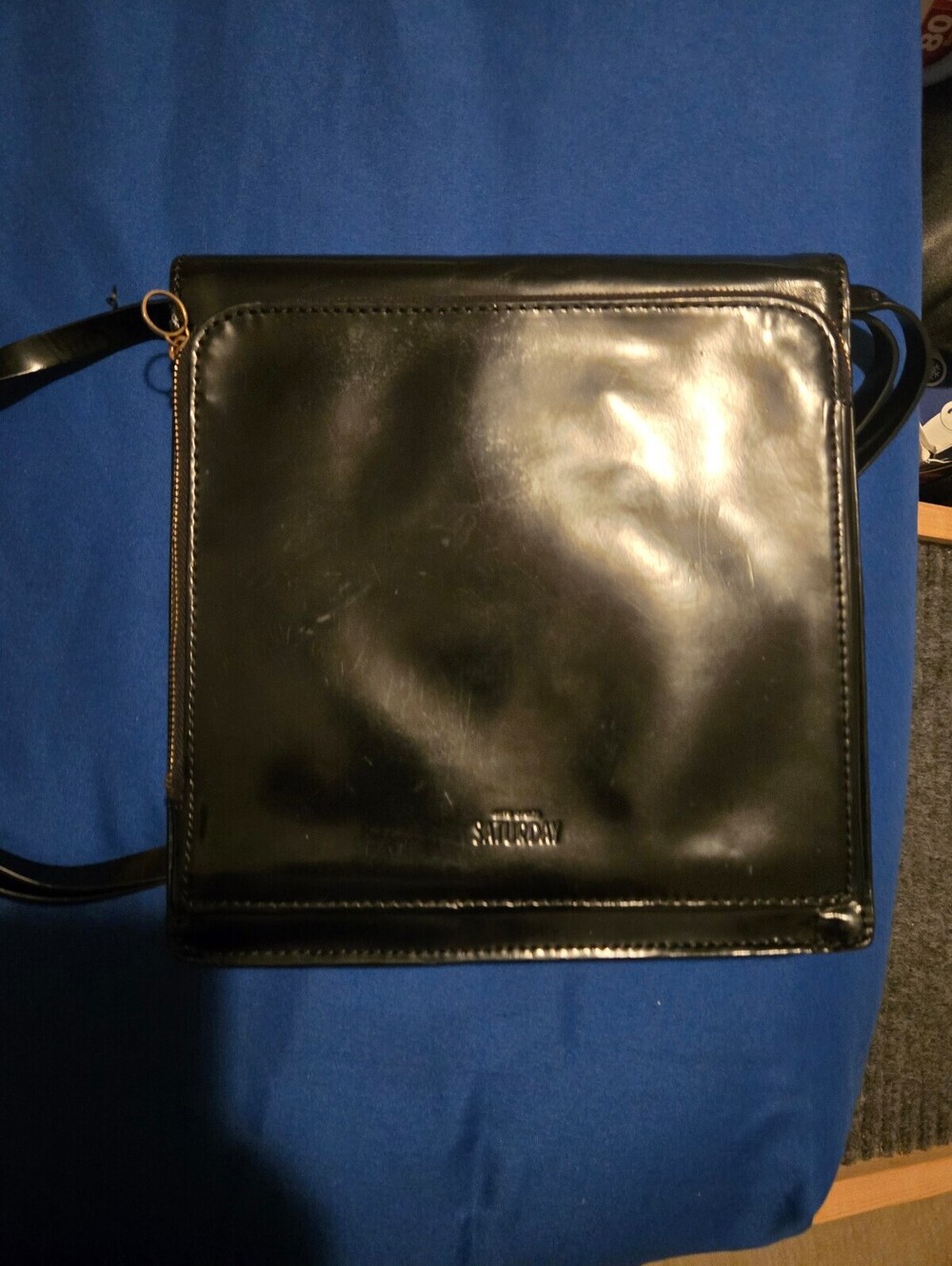 Vintage Saturn Black Leather Crossbody Bag with Polka Dot Interior